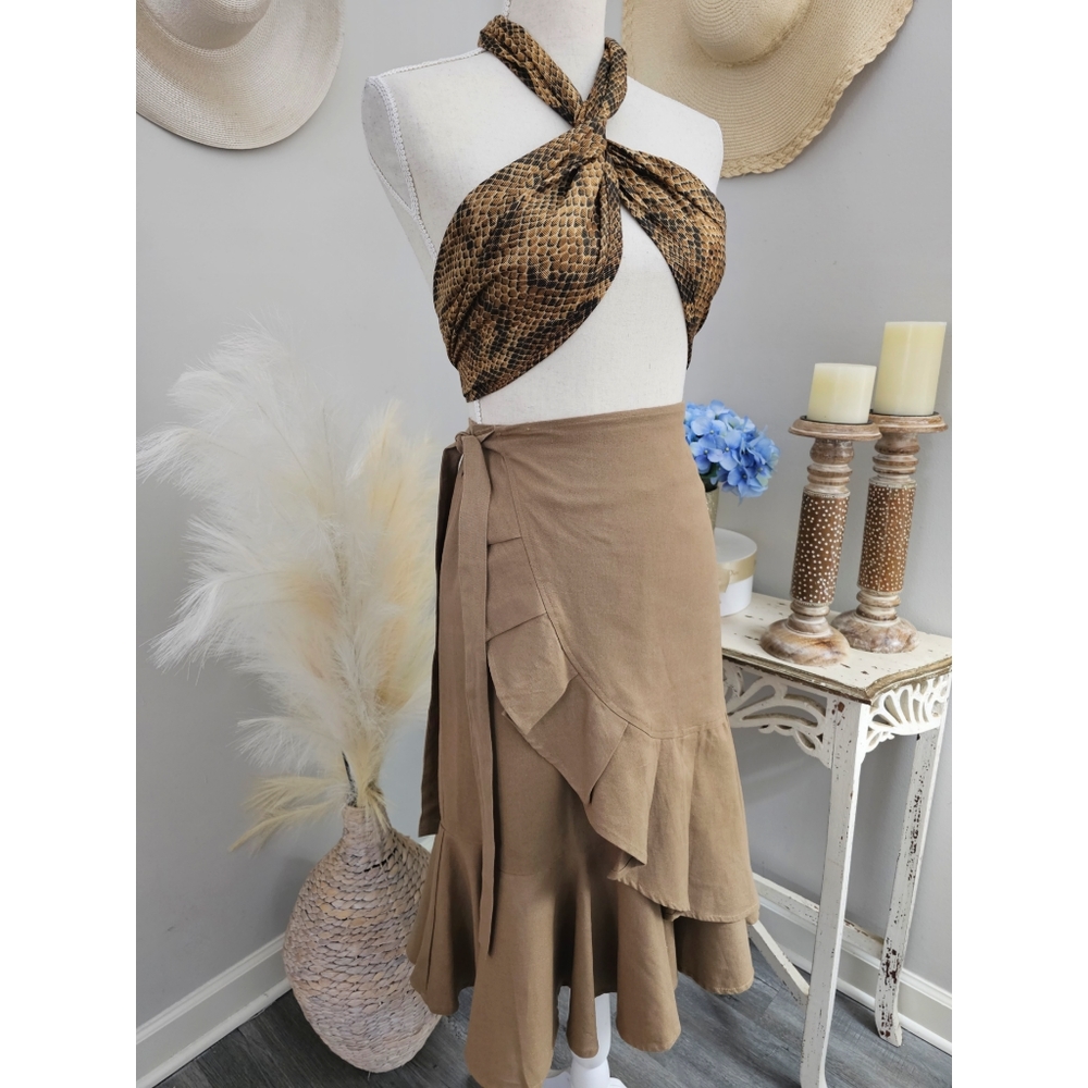 ASOS Tan Faux Wrap Midi Skirt